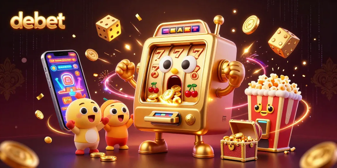 Engage with debet's vibrant gaming environment featuring a surprised golden slot machine and cheering allies amidst exploding jackpots.