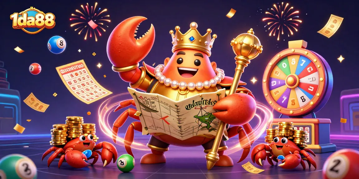 1da88 promotes excitement with golden crab emperor and vibrant lottery elements in a 3D casino scene.
