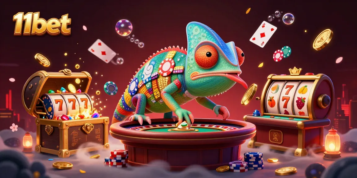 Engage with 11bet's vibrant casino world featuring a chameleon owner amidst bursting treasures.