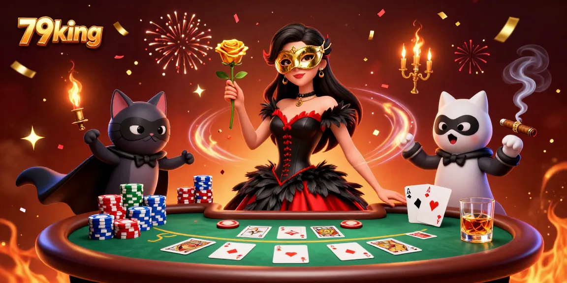 Engage with thrilling gameplay at 79king, showcasing a vibrant casino scene with poker elements and a captivating ambiance.