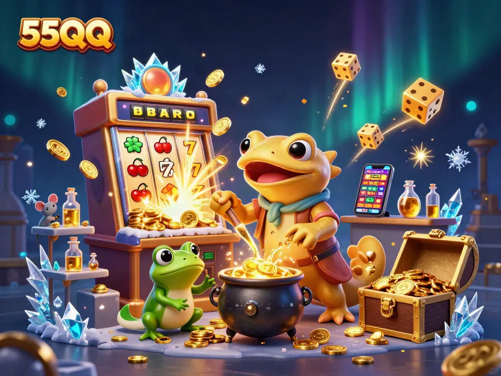 Play the latest games at 55QQ with a golden salamander alchemist and vibrant casino elements.