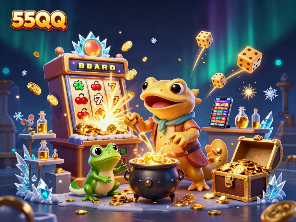 Play the latest games at 55QQ with a golden salamander alchemist and vibrant casino elements.