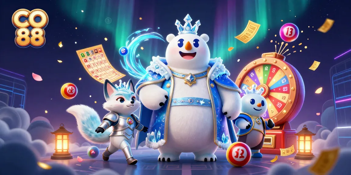 Engage with CO 88's dynamic lottery features in this vibrant casino illustration, showcasing spirited characters and game elements.