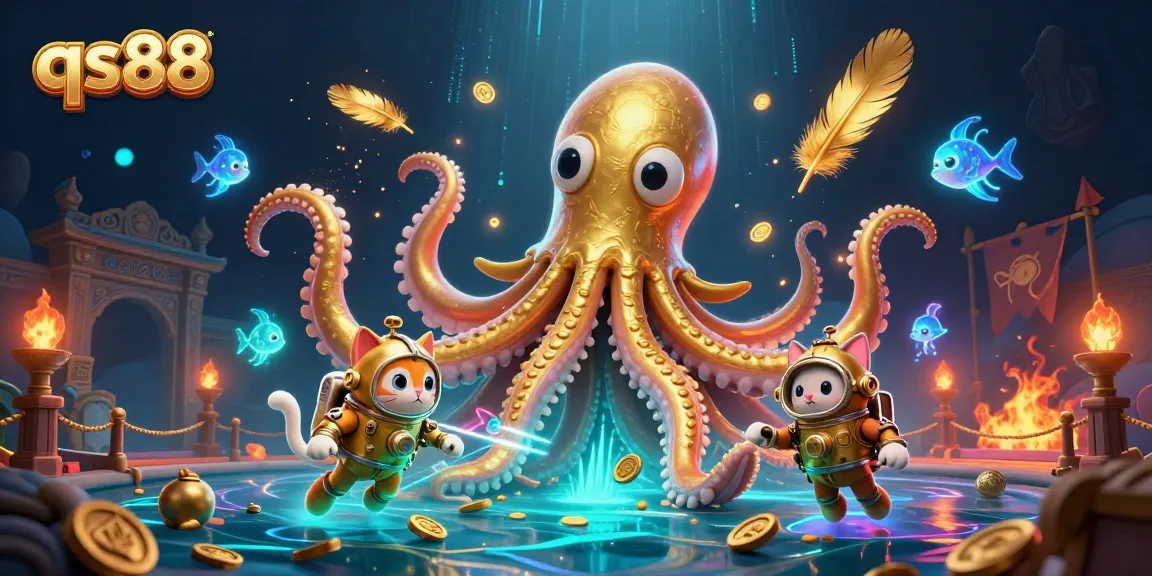 Engage with the thrilling qs88 casino realm featuring a kraken, diving cat, and deep-sea creatures.