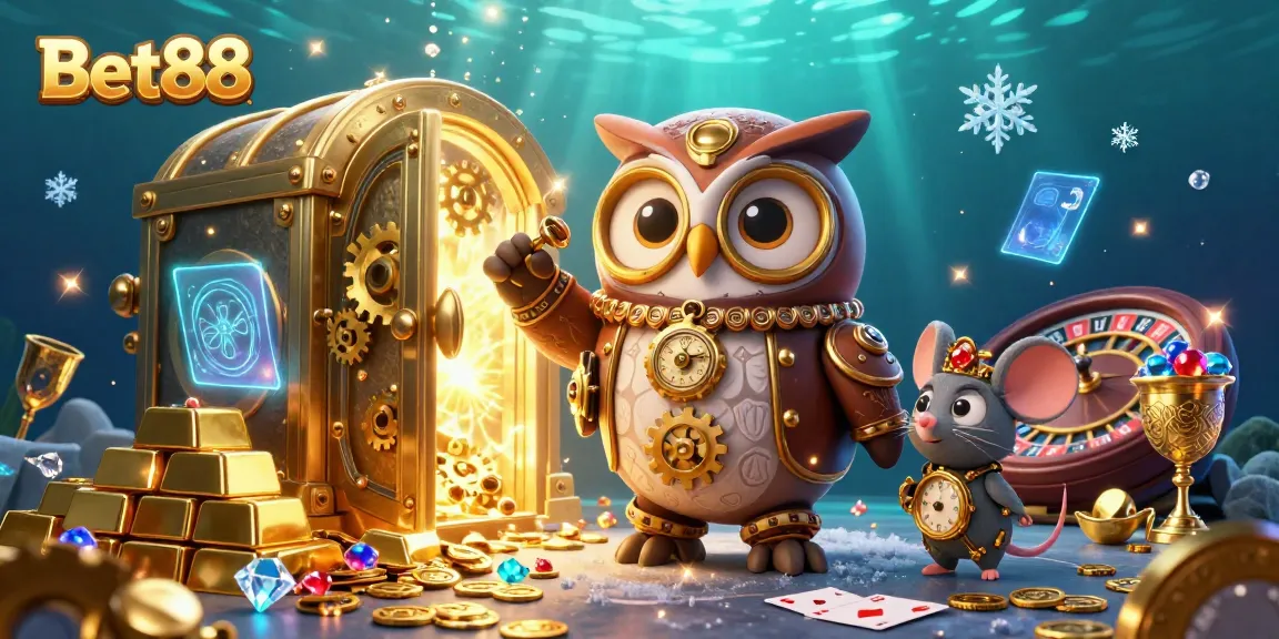 Experience Bet88 with an interactive 3D illustration of a time-traveler owl and elements of a futuristic casino.