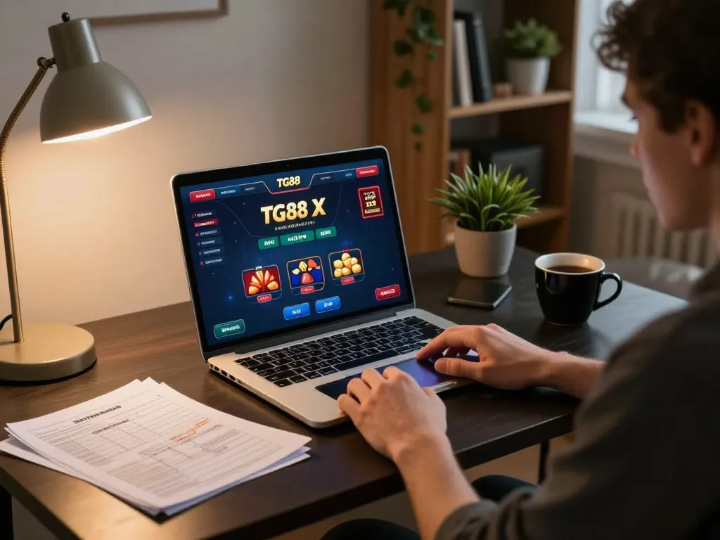 Engaging in online gambling at home with TG88 X interface on laptop, showcasing a cozy atmosphere.