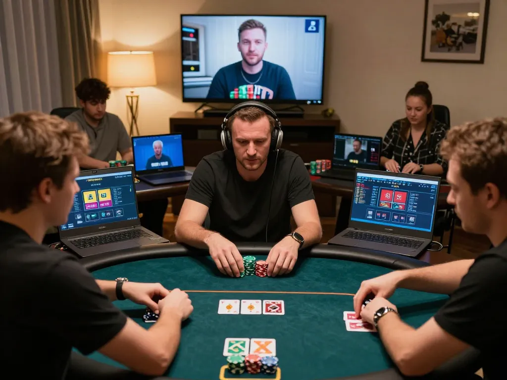 Participants playing poker at home using AA888 for online gaming with engaging atmosphere