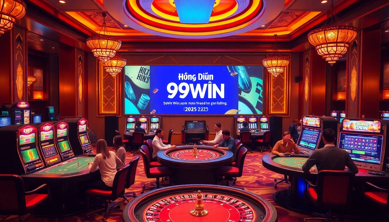 Exciting casino atmosphere with players interacting amidst digital gaming displays, featuring Hướng Dẫn 99WIN