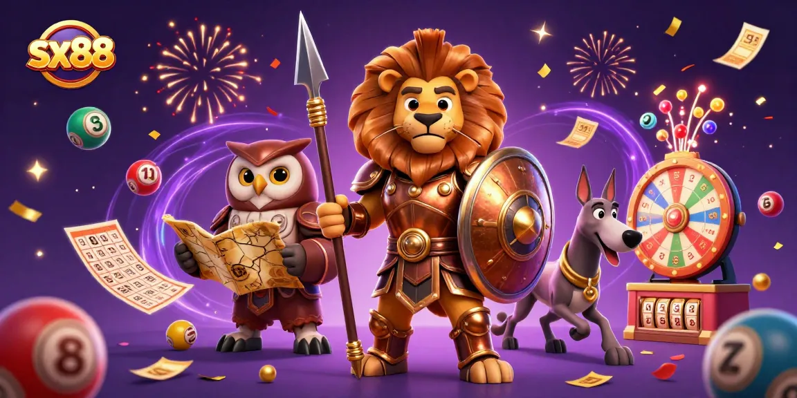 Experience the excitement of sx88 with a vibrant casino scene featuring a Spartan lion, wise owl, and swift greyhound.