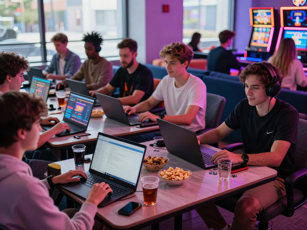 Engaged players enjoying online gaming at NBET, vibrant atmosphere with laptops and snacks.