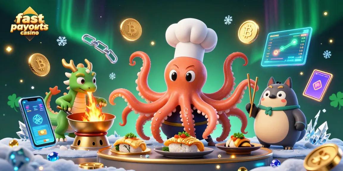 Experience fast payouts casino action with cartoon chef octopus, dragon, and tanuki in vibrant crypto-themed illustration.