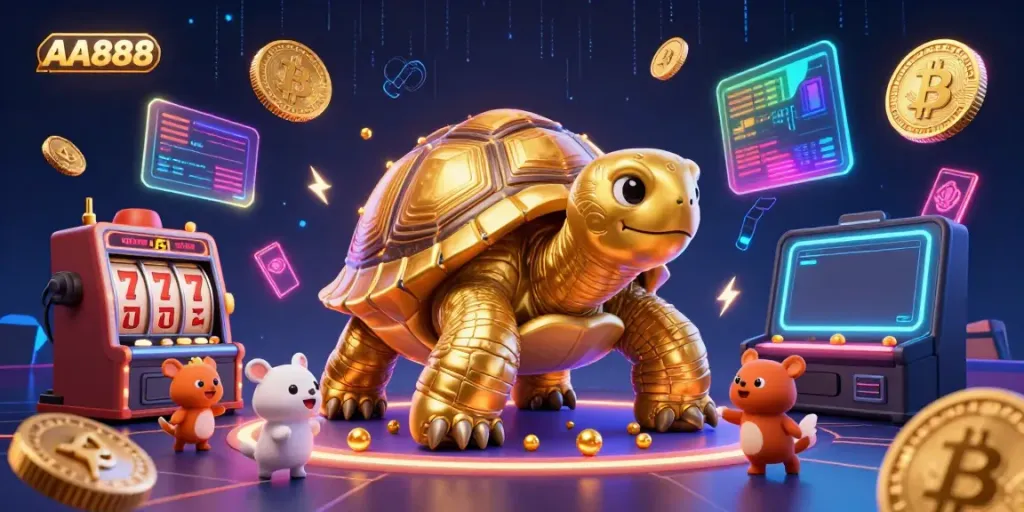 AA888 golden tortoise pinball machine surrounded by excited animals in a dynamic casino scene.