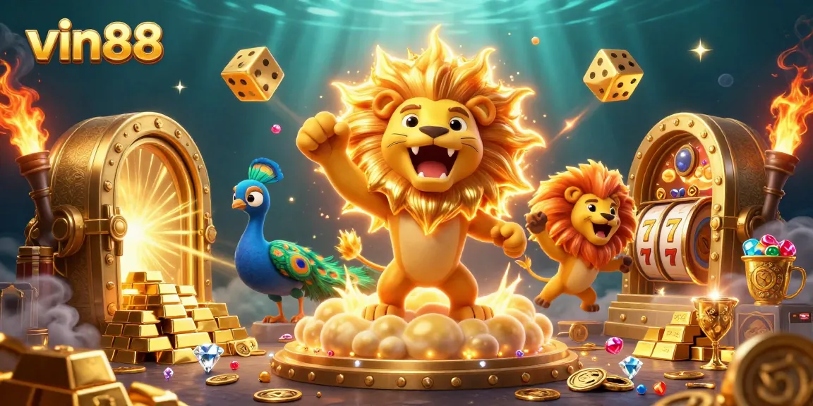 Experience rich gaming adventures with vin88 featuring a roaring lion and golden dice amidst dazzling treasures.