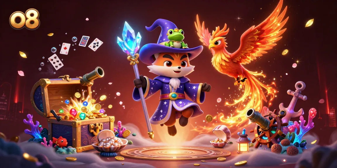 Experience the thrills of o8 as the wizard fox unleashes treasures from an explosive underwater chest in a vibrant casino scene.