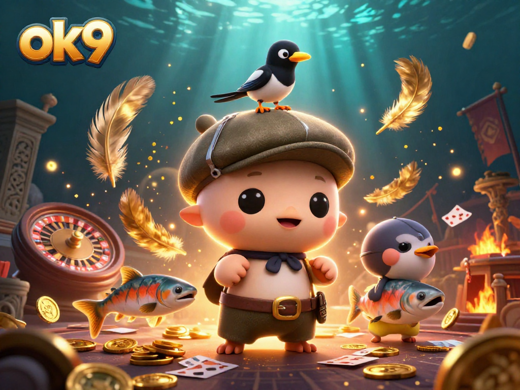 Engage in thrilling betting action with ok9, featuring Nessie in a casino scene filled with gold and excitement.