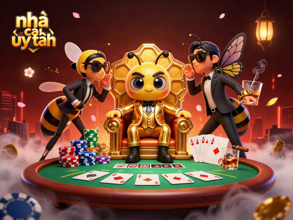 Engage with nhà cái uy tín as casino characters convene at a poker table in a whimsical setting.