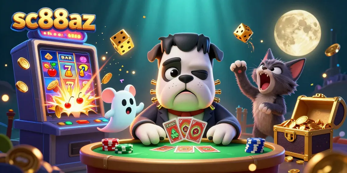 Experience thrills with sc88az playing cards at a spooky casino table featuring lively characters and festive elements.