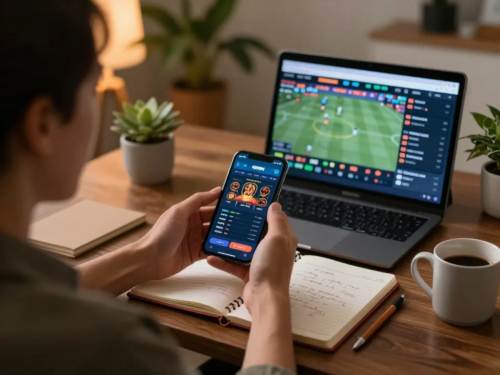 Engaging player enjoying the 40WIN app on a smartphone at home, showcasing strategic online gambling.