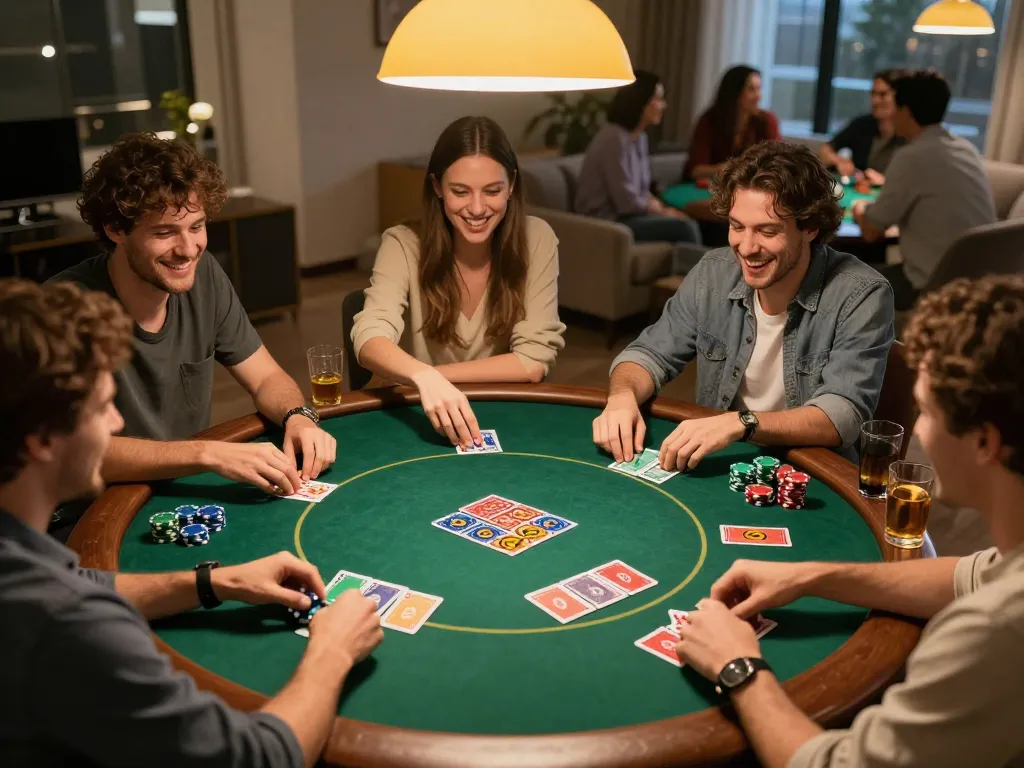 Friends enjoying a home poker night, playing Texas Hold'em with va88 chips and cards.