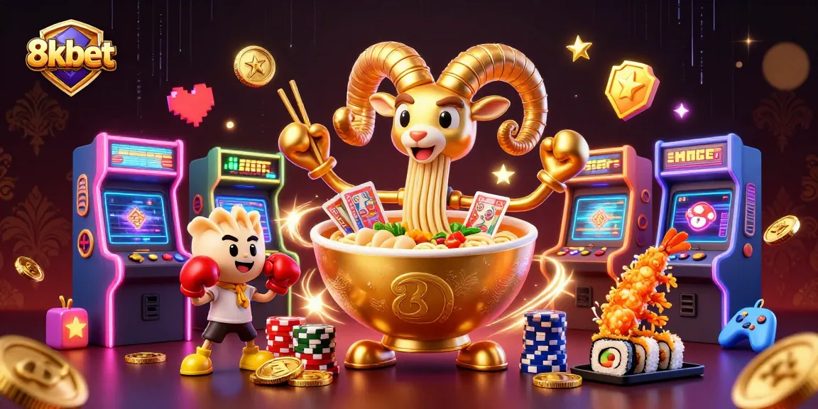 Join the fun at 8xbet with lively characters and vibrant casino gaming elements in this engaging illustration.