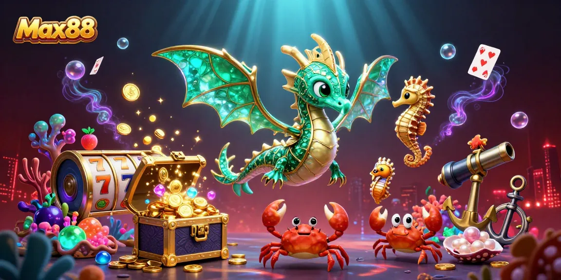 Immerse in the Max88 casino world with a sea dragon amidst vibrant slots and underwater treasures.