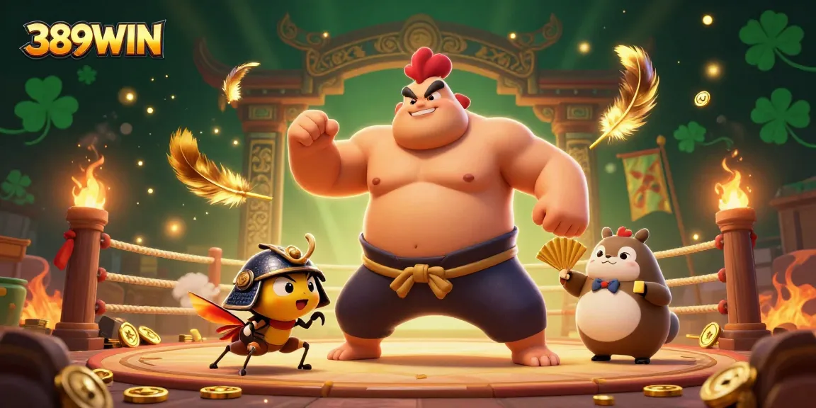 Experience thrilling victories at 389WIN with dynamic casino action featuring sumo wrestlers, samurai, and golden tokens.