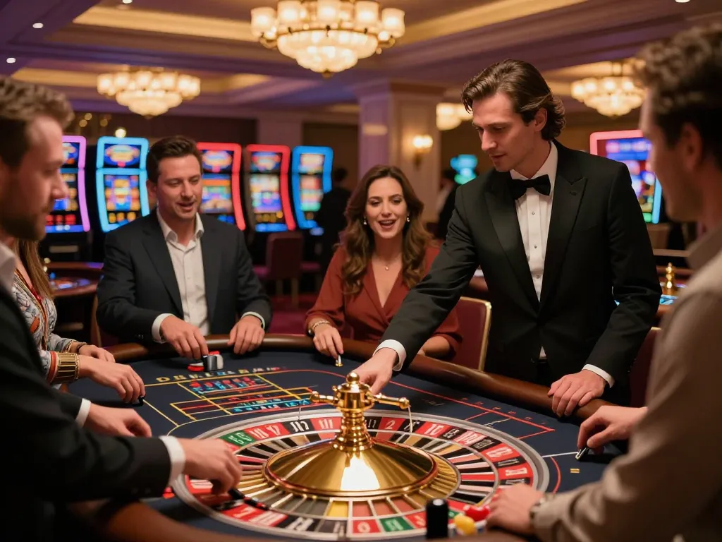 A lively casino scene showing players engaging in roulette gameplay, highlighting the excitement of 45678 betting strategies.