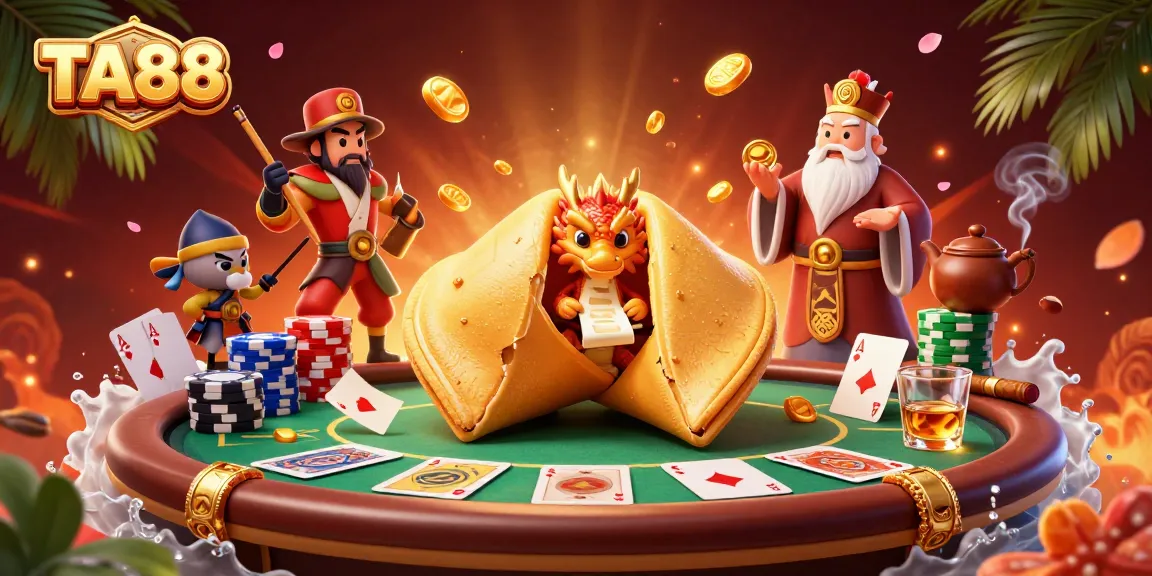 Engage with TA88's thrilling poker scene featuring a golden fortune cookie and dragon.